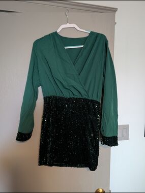 SHEIN Emerald Green Long Sleeve Sequin Mini Dress